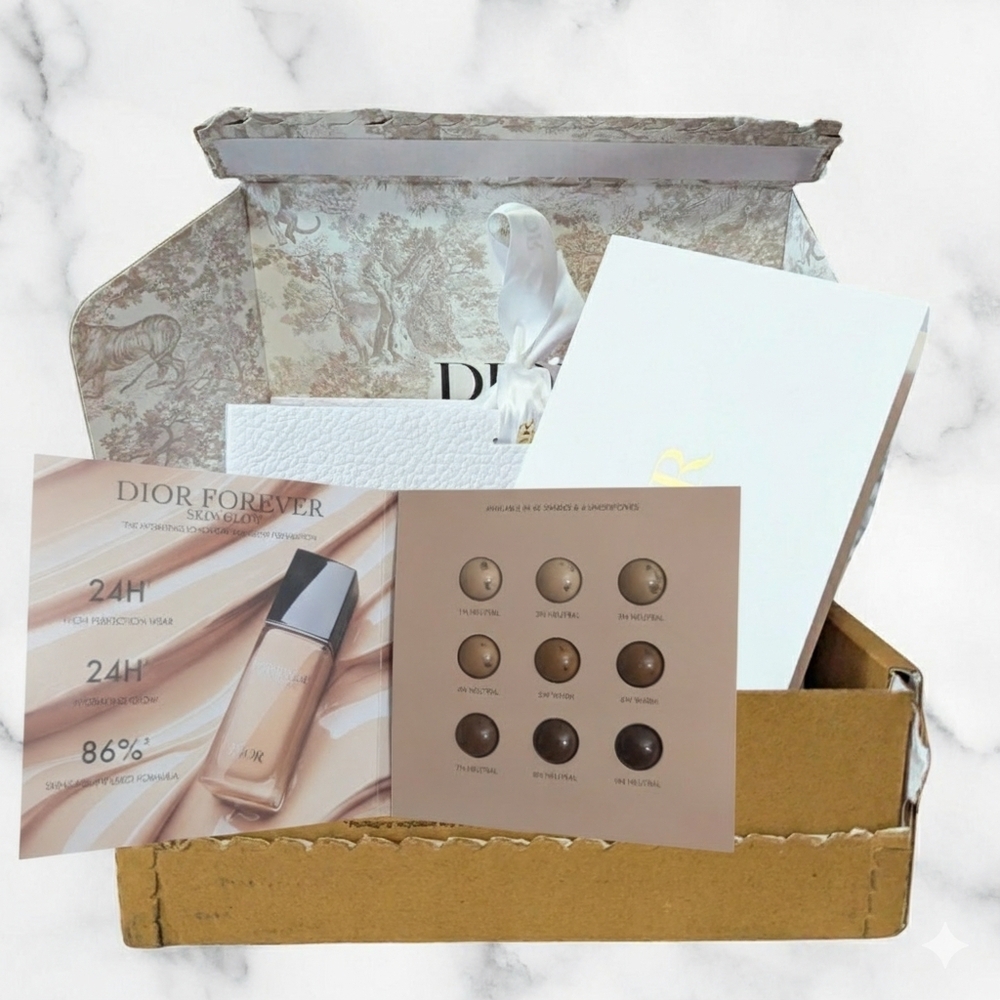 Dior Gold and white Textured Box. With Card and Small Bag